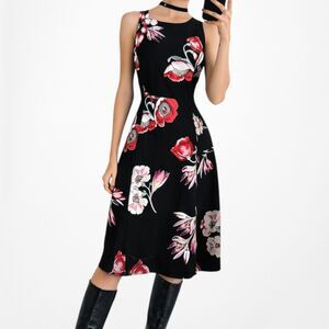 Vintage Y2K Black Sleeveless Floral Print Knee Length Flared Bow Dress Size M